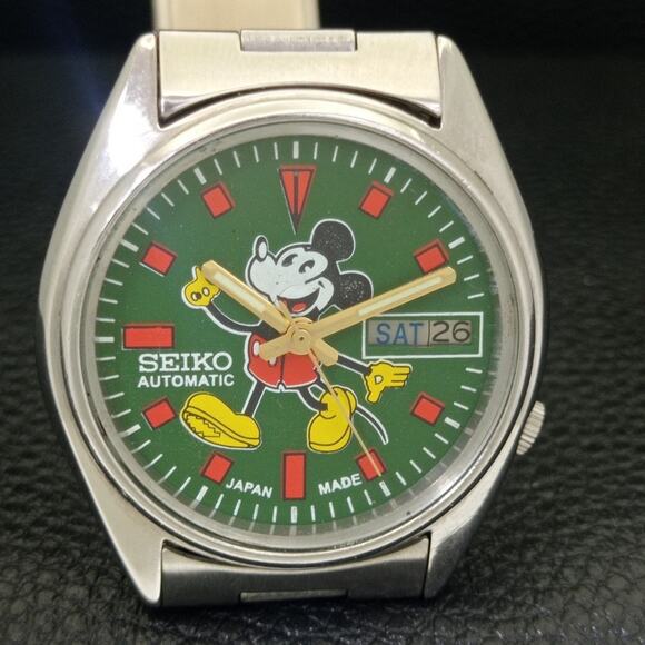 Vintage 1976 Disney Seiko Automatic Mens Silver Watch W/daydate & Green accents - Picture 4 of 10